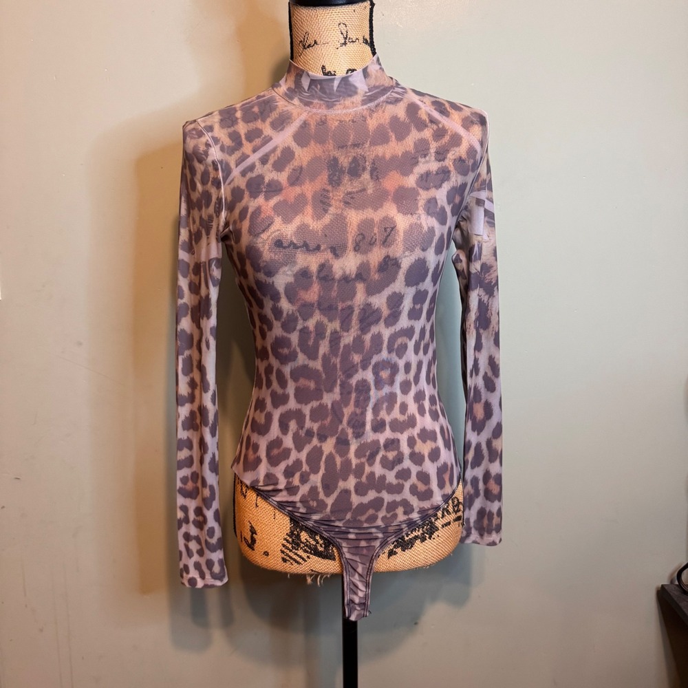 Forever 21 Leopard Print Sheer Mesh Mock Neck Bodysuit Small